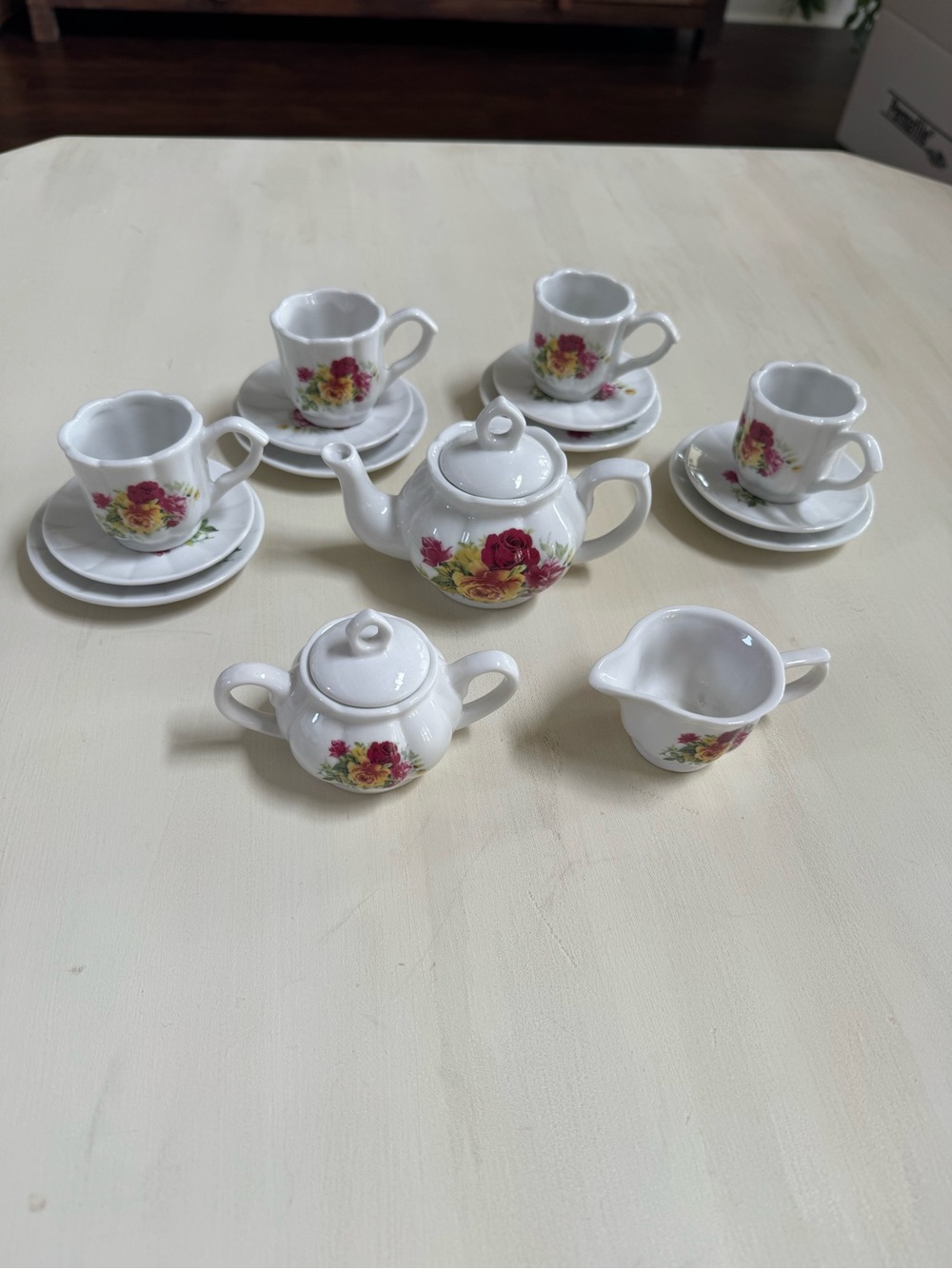 16 piece Miniature Porcelain Tea Set with Rose Floral Decal